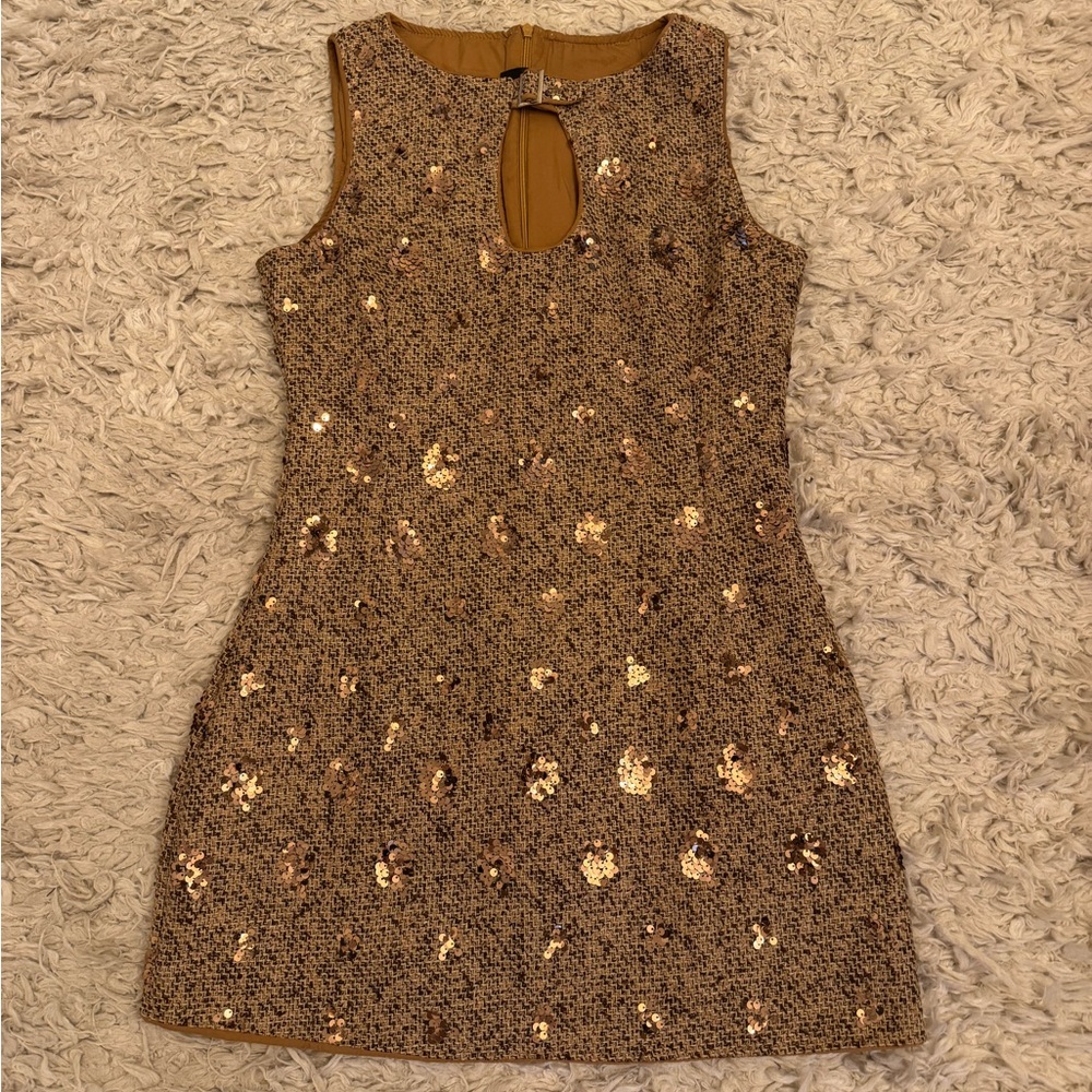 Brown Party Women's Mixed Tweed Fabric With Sequins Design mini Dress. - Picture 7 of 13